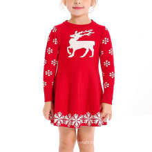 Custom design jacquard Reindeer Snowflake Xmas Gifts Knit Christmas dress kids girls ugly Christmas sweater Fall Dresses